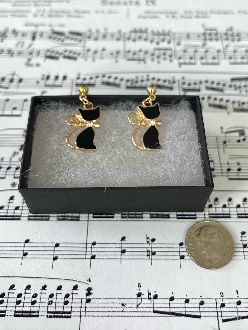 Gold and Black Cat Dangle Earrings - Pets Cat Jewelry
